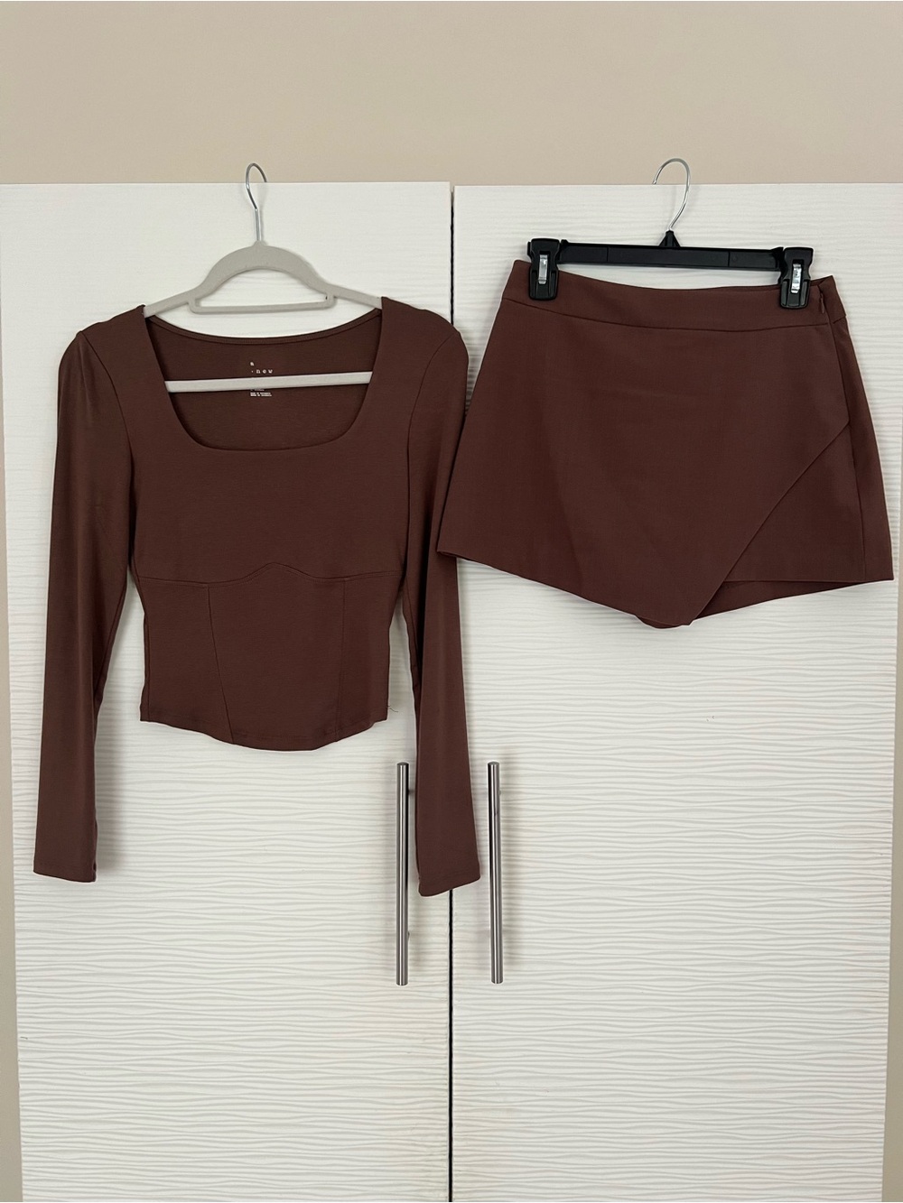 a new day Brown Long Sleeve Crop Top with Asymmetric Skort Set